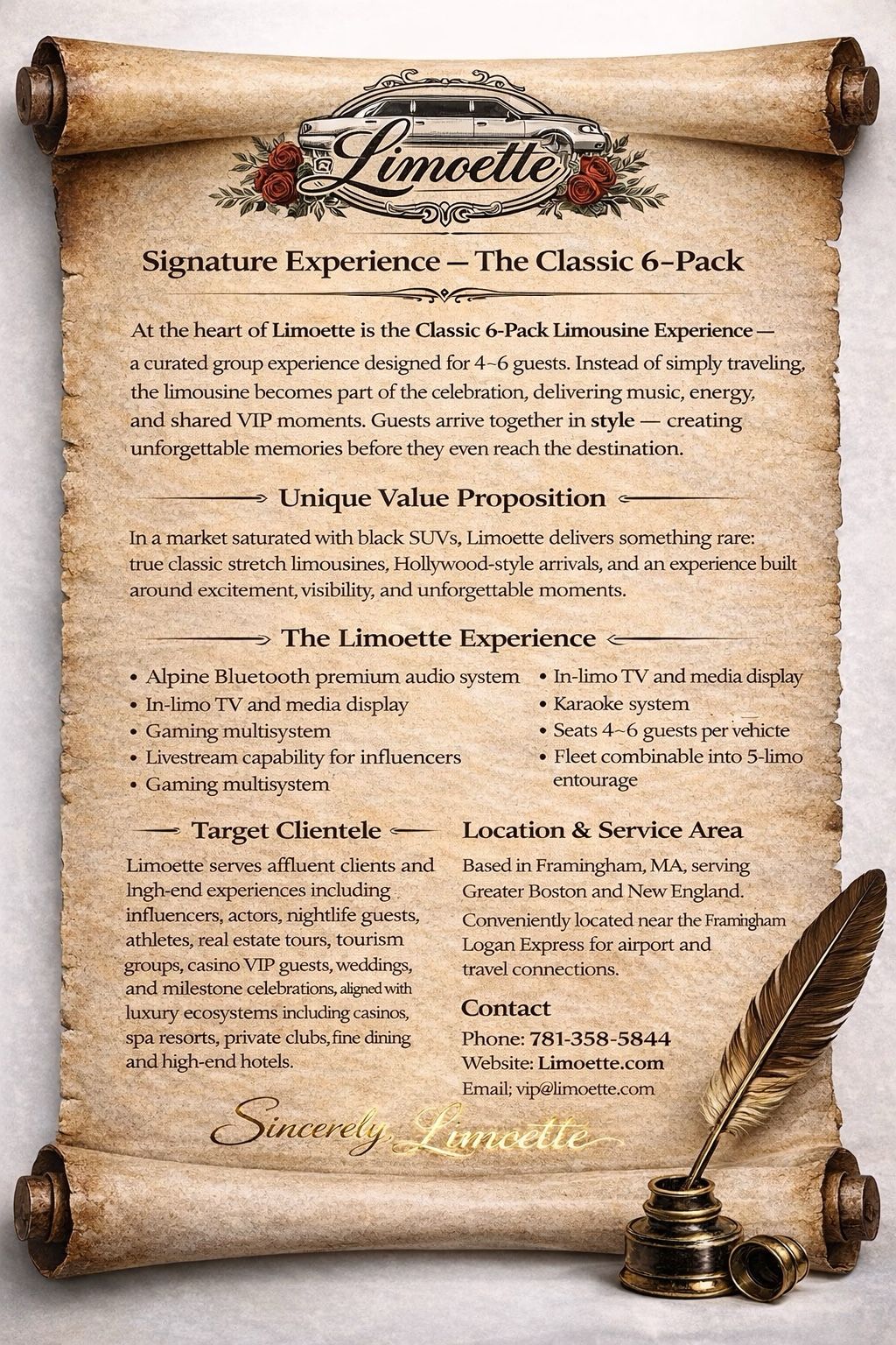 Limoette signature Classic 6-Pack limousine experience parchment